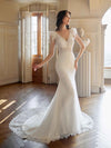 Sexy Mermaid Cap Sleeves V-neck Maxi Long Lace Wedding Dresses With Feather