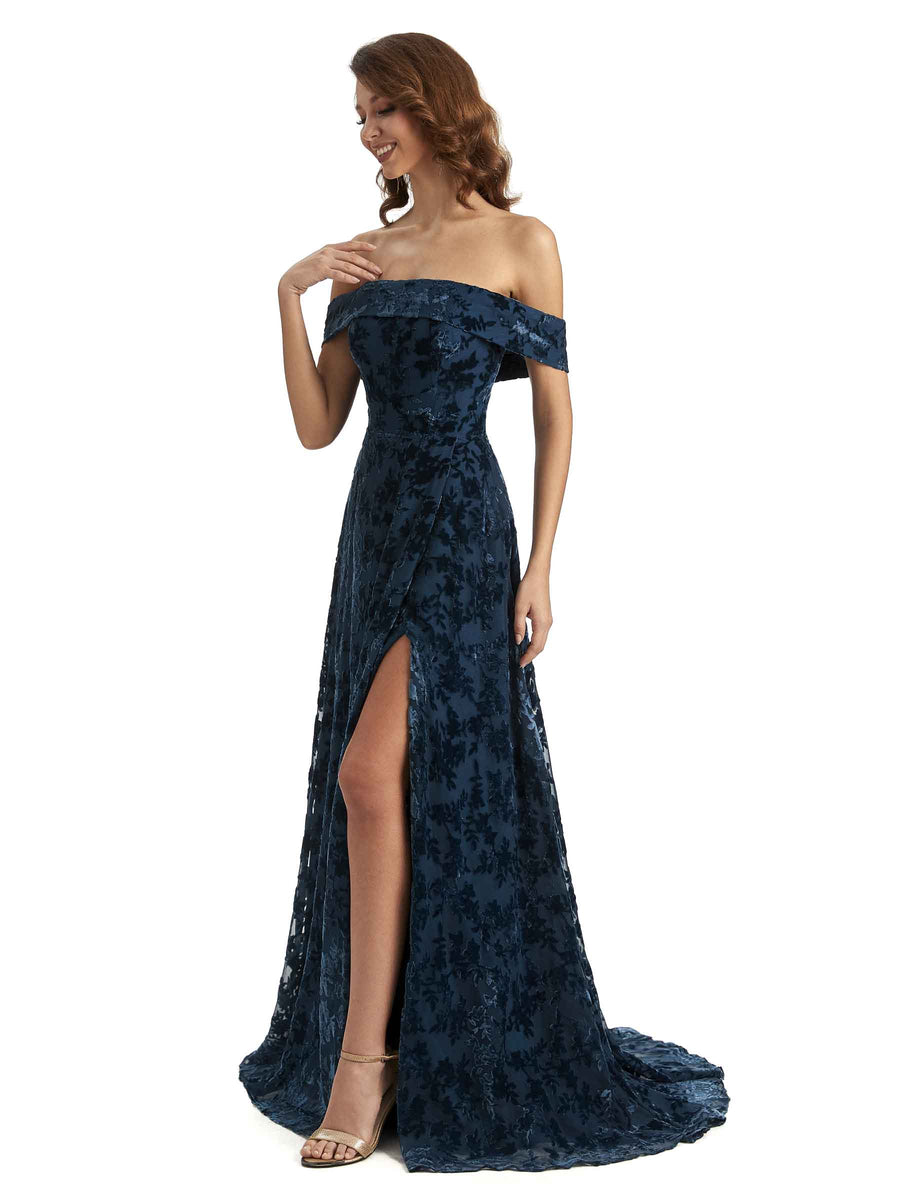 Sexy Side Slit Floral  Velvet Off The Shoulder Long Bridesmaid Dresses Online