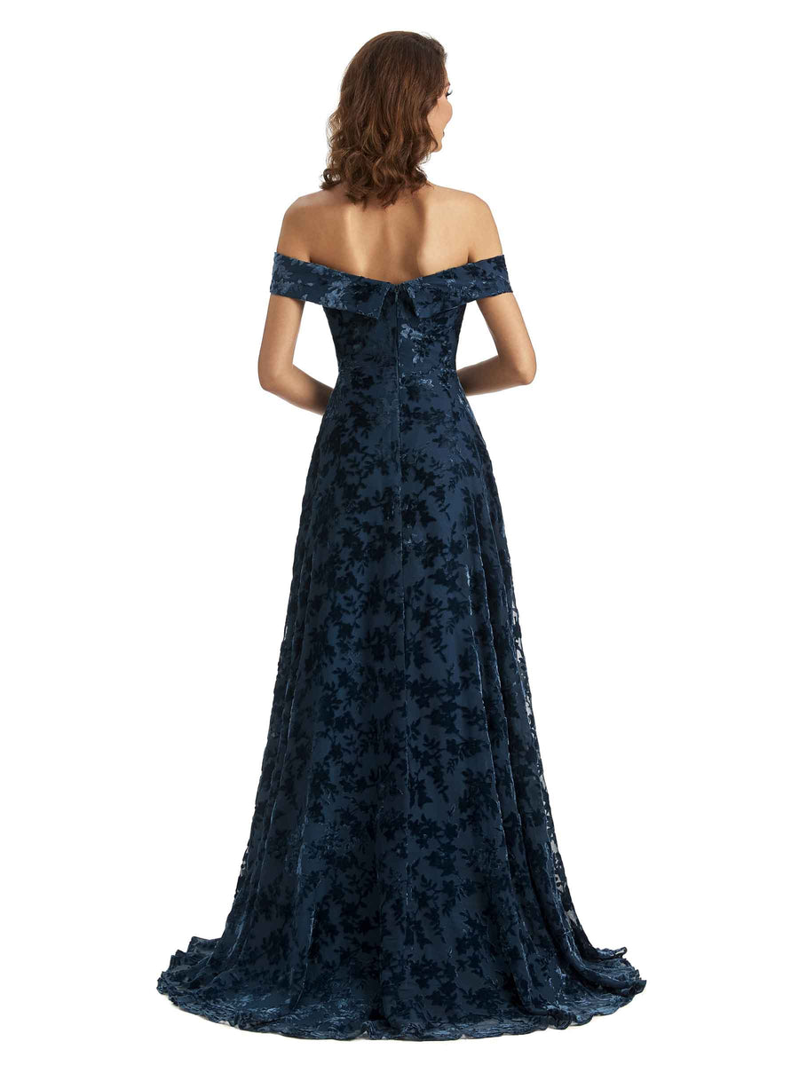 Sexy Side Slit Floral  Velvet Off The Shoulder Long Bridesmaid Dresses Online