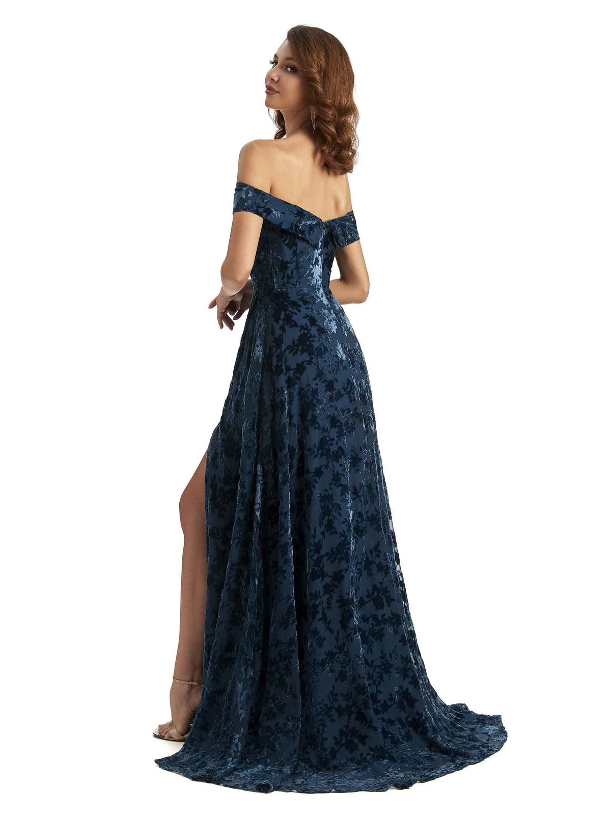 Sexy Side Slit Floral  Velvet Off The Shoulder Long Bridesmaid Dresses Online