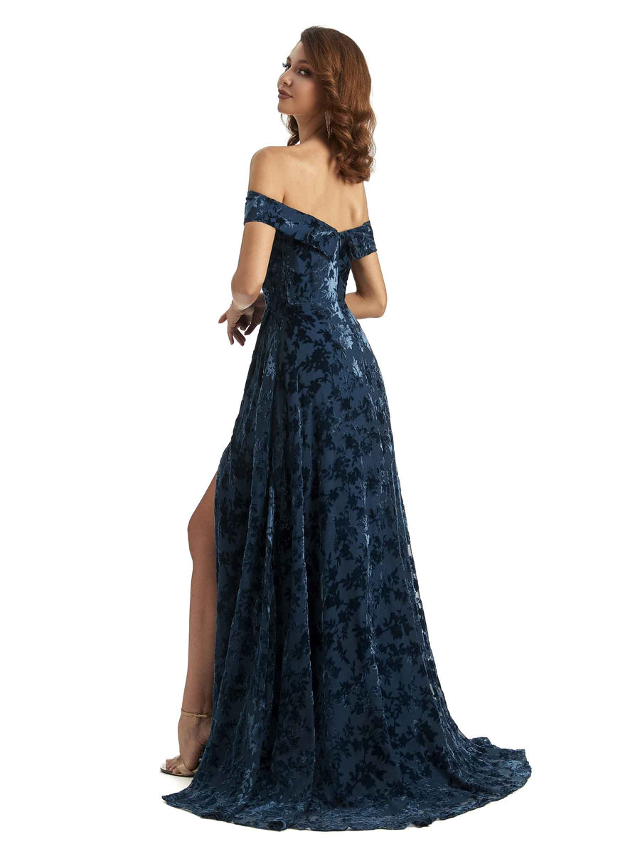 Sexy Side Slit Floral  Velvet Off The Shoulder Long Bridesmaid Dresses Online