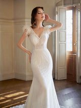 Sexy Mermaid Cap Sleeves V-neck Maxi Long Lace Wedding Dresses With Feather