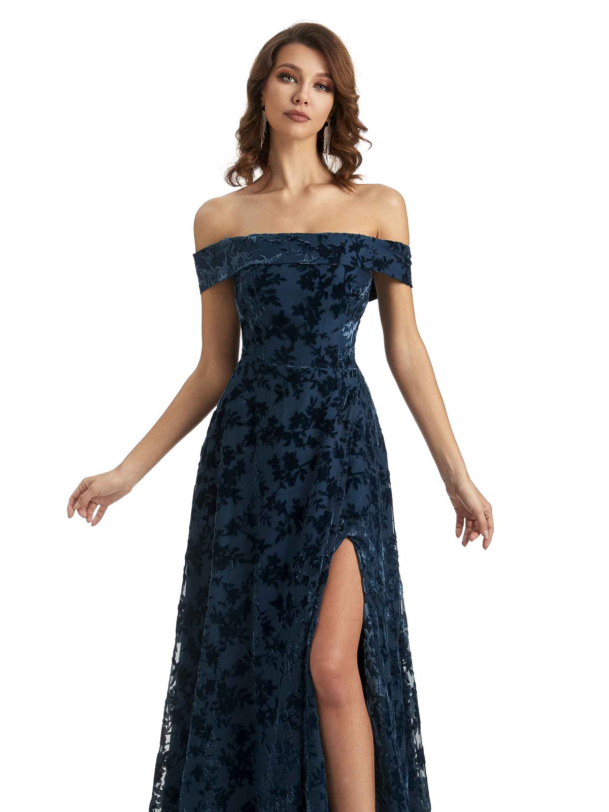 Sexy Side Slit Floral  Velvet Off The Shoulder Long Bridesmaid Dresses Online