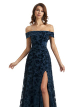 Sexy Side Slit Floral  Velvet Off The Shoulder Long Bridesmaid Dresses Online
