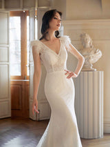 Sexy Mermaid Cap Sleeves V-neck Maxi Long Lace Wedding Dresses With Feather