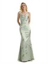 Sexy Jewel Spaghetti Straps Mermaid Long Satin Floral Formal Dresses For Women