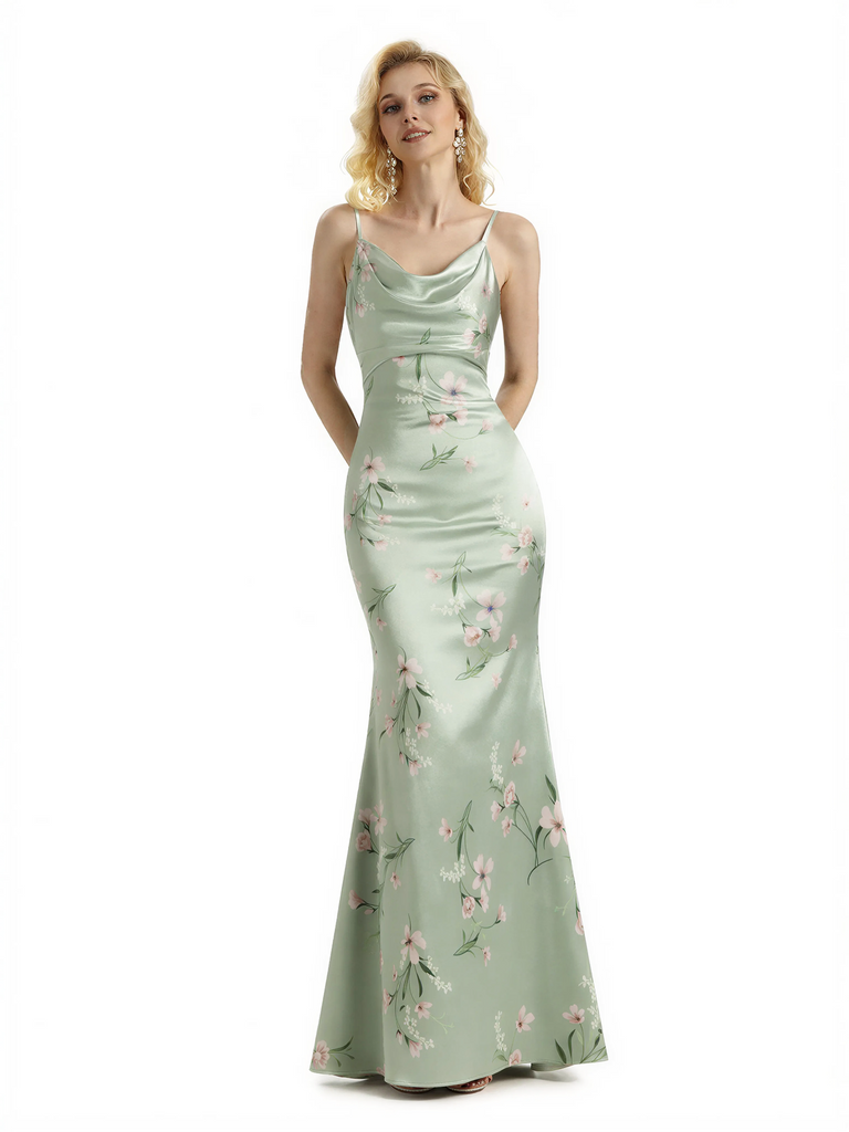 Sexy Jewel Spaghetti Straps Mermaid Long Satin Floral Formal Dresses For Women