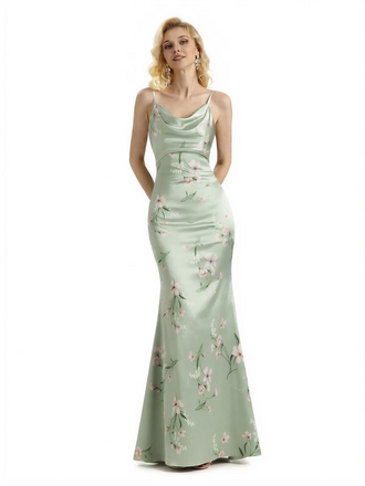 Sexy Jewel Spaghetti Straps Mermaid Long Satin Floral Formal Dresses For Women