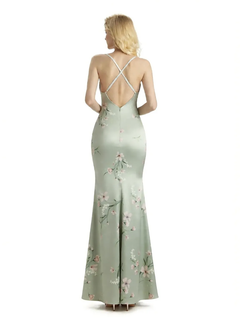 Sexy Jewel Spaghetti Straps Mermaid Long Satin Floral Formal Dresses For Women