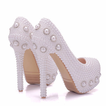 White pearl high heels wedding shoes rhinestone pearl shoes stiletto platform shoes