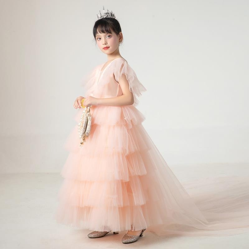 Flower Girls Elegant A-line Tulle Princess Gown for Wedding Kids Guest Dress with Train