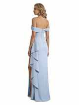 Sexy V-Neck Off The Shoulder Silky Satin Side Slit Mermaid Long Formal Evening Dresses