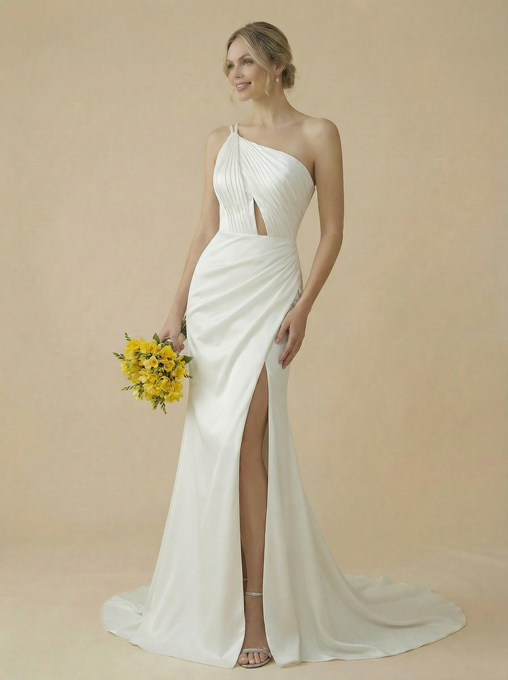 One Shoulder Satin Mermaid Ruched Maxi Long Wedding Dresses Online With Side Slit