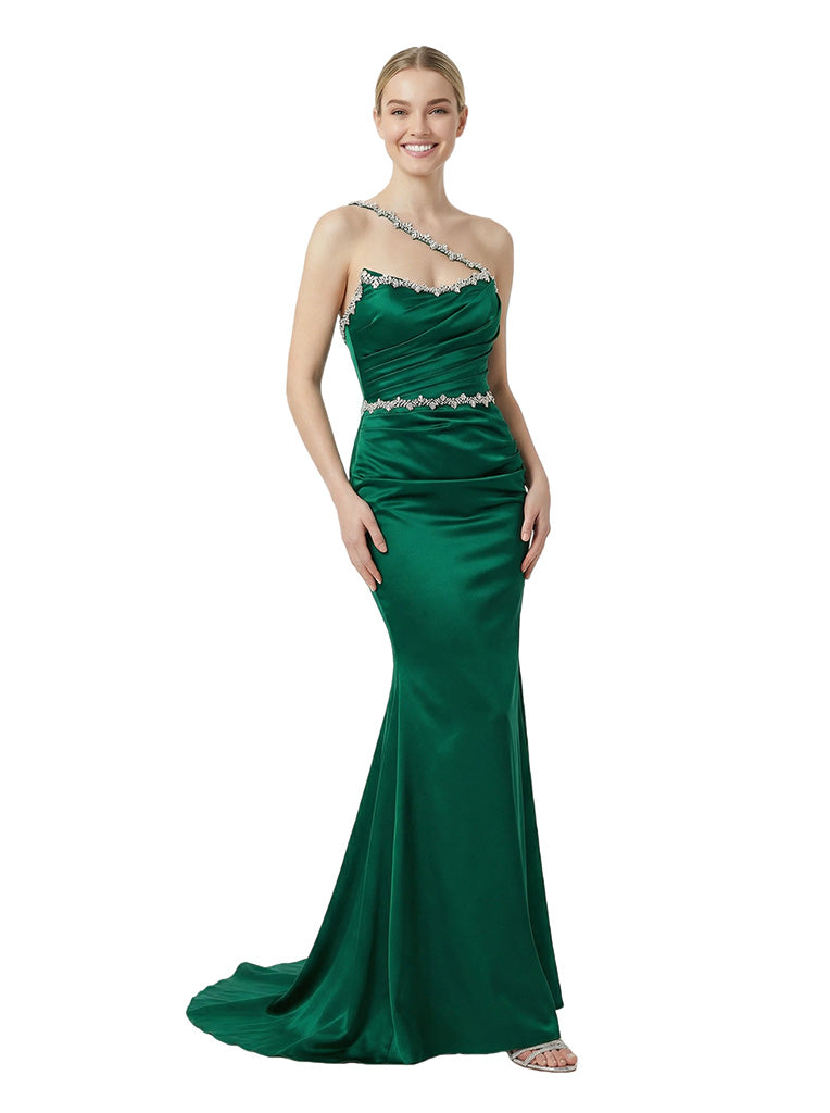 Classy One Shoulder Beaded Mermaid Ruched Satin Evening Gown - ChicSew Classy One Shoulder Beaded Mermaid Ruched Satin Evening Gown - ChicSew