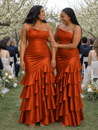 ChicSew Unique Strapless Ruching Mermaid Soft Satin Long Bridesmaid Dresses With Ruffles