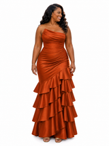 ChicSew Unique Strapless Ruching Mermaid Soft Satin Long Bridesmaid Dresses With Ruffles