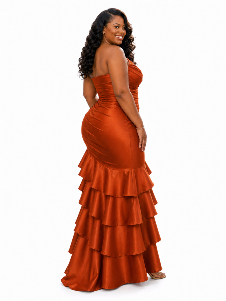 ChicSew Unique Strapless Ruching Mermaid Soft Satin Long Bridesmaid Dresses With Ruffles