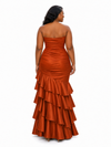 ChicSew Unique Strapless Ruching Mermaid Soft Satin Long Bridesmaid Dresses With Ruffles
