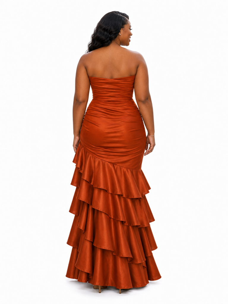 ChicSew Unique Strapless Ruching Mermaid Soft Satin Long Bridesmaid Dresses With Ruffles