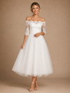 Chicsew Fancy Strapless Half Sleeves A-Line Tea-Length Lace Tulle Wedding Dress