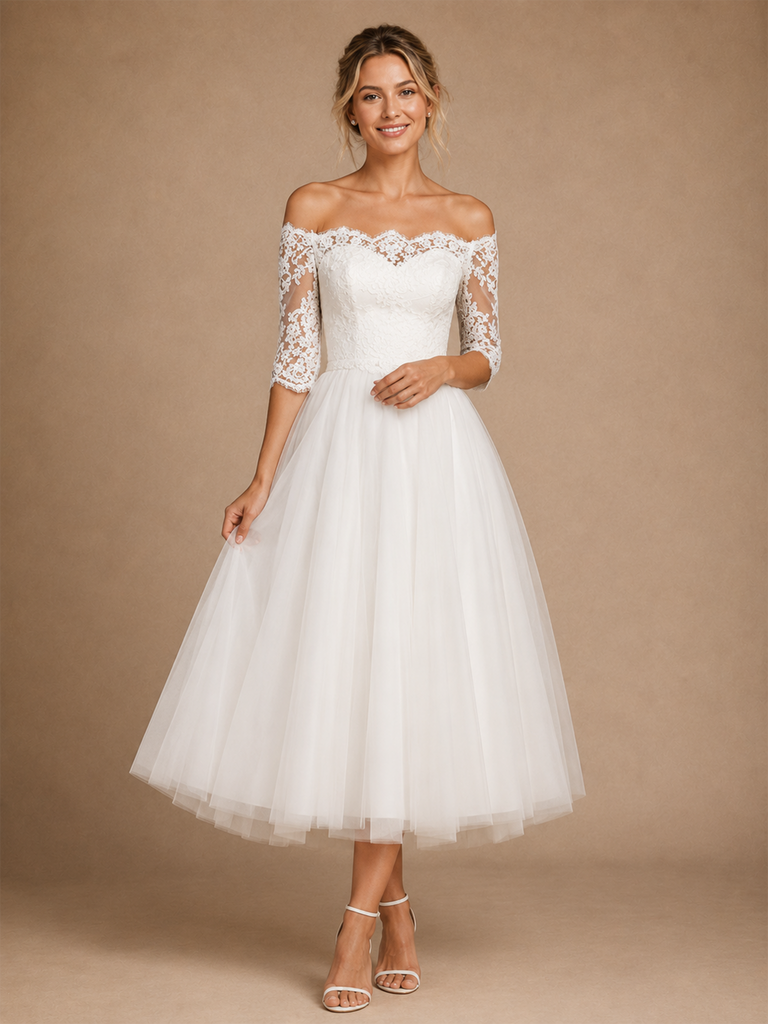 Chicsew Fancy Strapless Half Sleeves A-Line Tea-Length Lace Tulle Wedding Dress