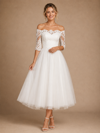 Chicsew Fancy Strapless Half Sleeves A-Line Tea-Length Lace Tulle Wedding Dress