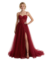Gorgeous Spaghetti Straps Side Slit Glitter Tulle A-line Boning Floor-Length Evening Prom Dresses