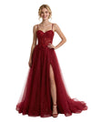 Gorgeous Spaghetti Straps Side Slit Glitter Jersey A-line Boning Floor-Length Evening Prom Dresses
