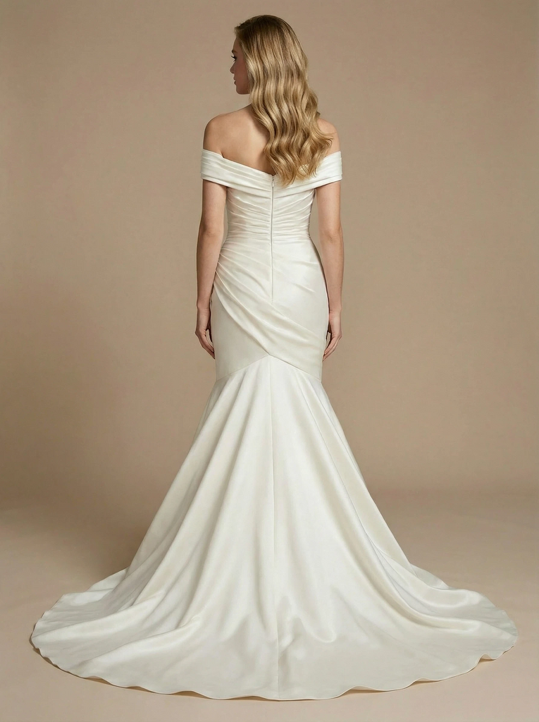 Off Shoulder Satin Mermaid Ruched Maxi Long Wedding Gowns Online