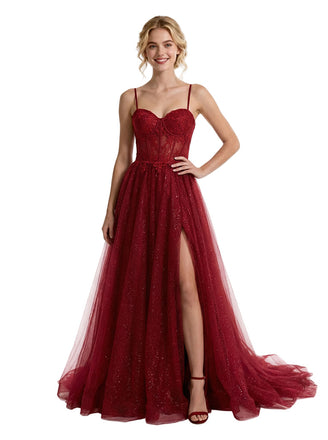 Gorgeous Spaghetti Straps Side Slit Glitter Jersey A-line Boning Floor-Length Evening Prom Dresses
