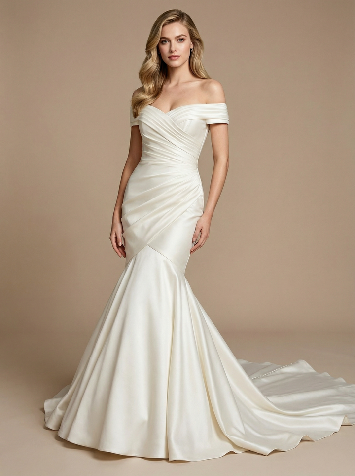 Off Shoulder Satin Mermaid Ruched Maxi Long Wedding Gowns Online