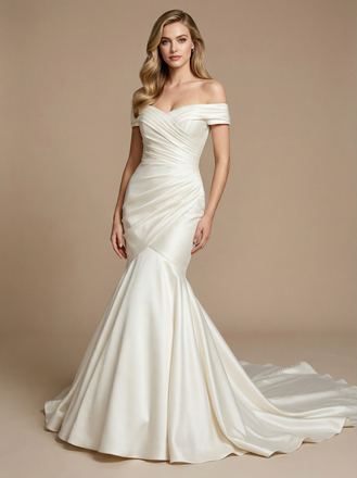 Off Shoulder Satin Mermaid Ruched Maxi Long Wedding Gowns Online