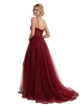Gorgeous Spaghetti Straps Side Slit Glitter Tulle A-line Boning Floor-Length Evening Prom Dresses