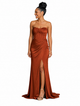 ChicSew Strapless Ruching Side Slit Mermaid Soft Satin Long Bridesmaid Dresses With Boning