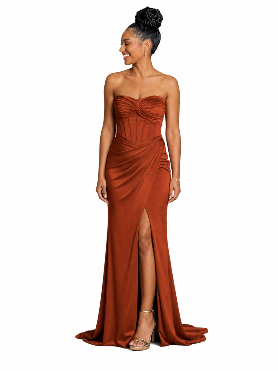 ChicSew Strapless Ruching Side Slit Mermaid Soft Satin Long Bridesmaid Dresses With Boning — Flatter Your Figure
