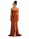 ChicSew Strapless Ruching Side Slit Mermaid Soft Satin Long Bridesmaid Dresses With Boning