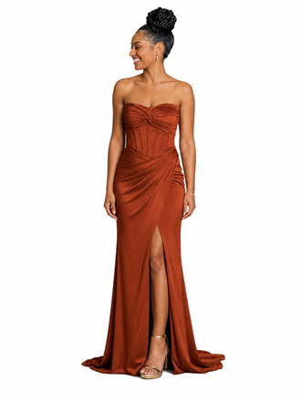 ChicSew Strapless Ruching Side Slit Mermaid Soft Satin Long Bridesmaid Dresses With Boning