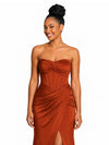 ChicSew Strapless Ruching Side Slit Mermaid Soft Satin Long Bridesmaid Dresses With Boning