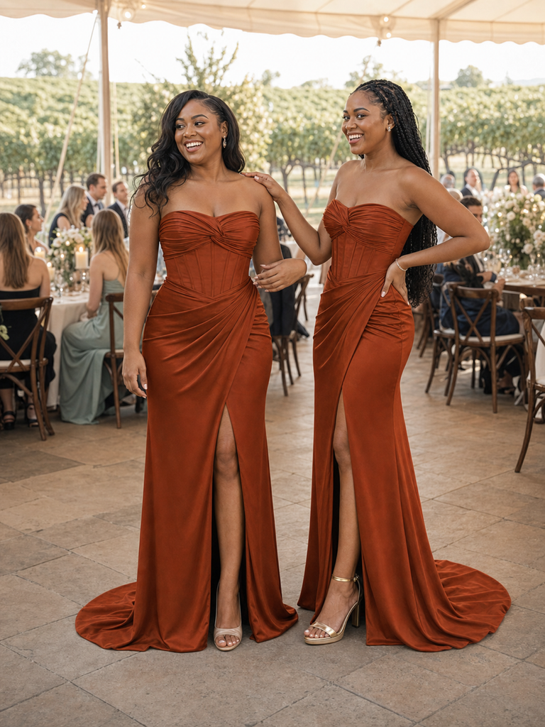 ChicSew Strapless Ruching Side Slit Mermaid Soft Satin Long Bridesmaid Dresses With Boning
