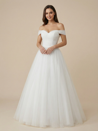 Off Shoulder A-Line Chiffon Ruched Maxi Long Bridal Gowns Online