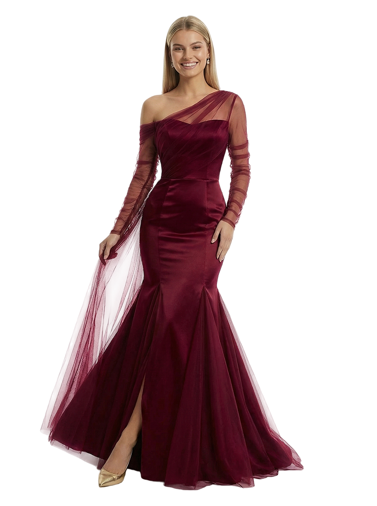 Chic Ruched One Shoulder Long Sleeve Mermaid Gown Tulle Classy Formal Prom Dress