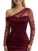 Chic Ruched One Shoulder Long Sleeve Mermaid Gown Tulle Classy Formal Prom Dress