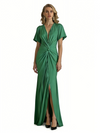 Elegant V-Neck Short Sleeves Silky Satin Side Slit Mermaid Long Formal Evening Dresses