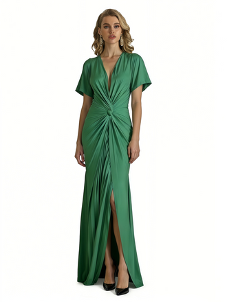 Elegant V-Neck Short Sleeves Silky Satin Mermaid Long Formal Evening Dresses Side Slit