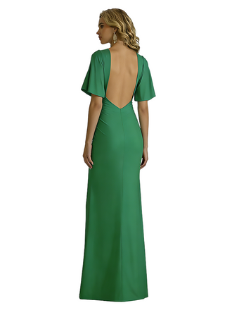 Elegant V-Neck Short Sleeves Silky Satin Mermaid Long Formal Evening Dresses Side Slit