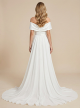 Off Shoulder A-Line Satin Ruched Maxi Long Bridal Gowns With Side Slit