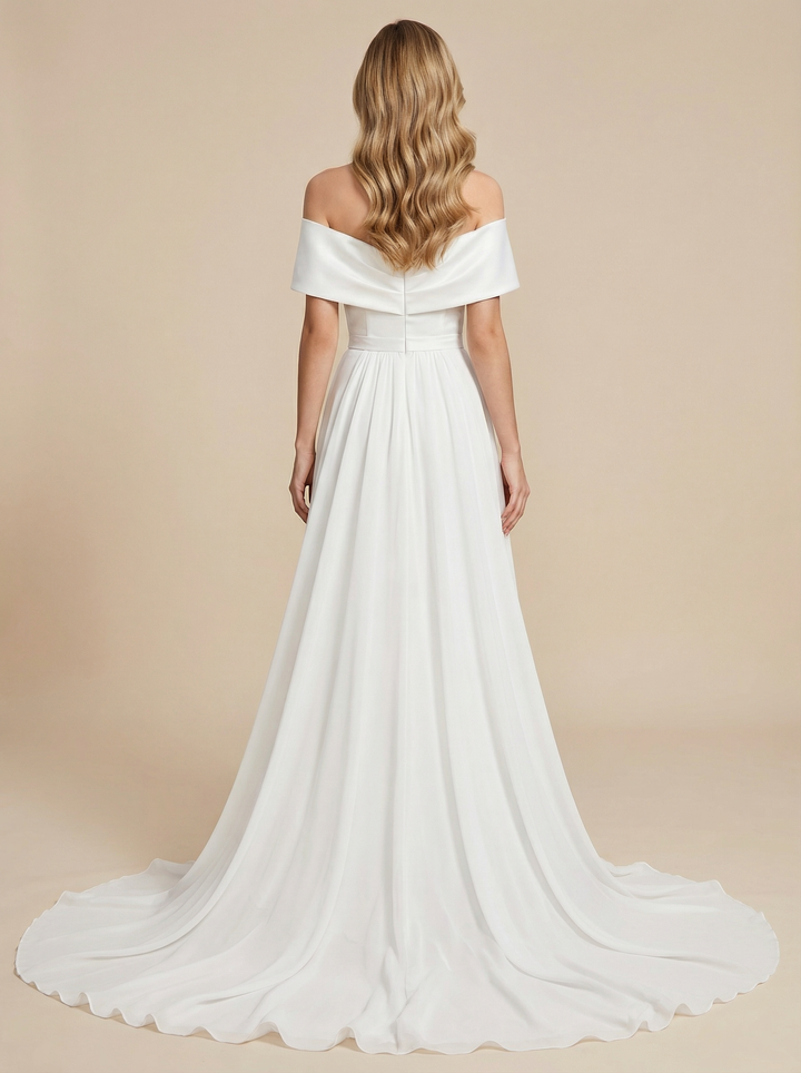 Off Shoulder A-Line Satin Ruched Maxi Long Bridal Gowns With Side Slit