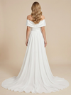 Off Shoulder A-Line Satin Ruched Maxi Long Bridal Gowns With Side Slit