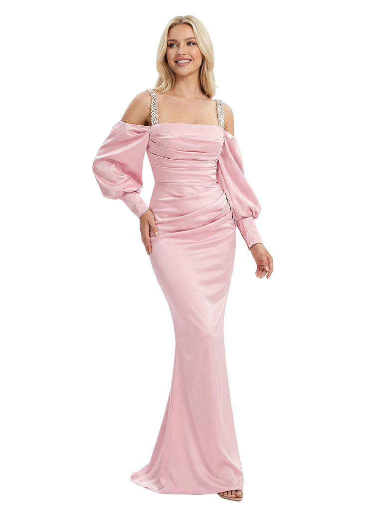 Modern Beaded Straps Long Sleeves Satin Mermaid Prom Dress Floor Length Evening Gown - ChicSew Modern Beaded Straps Long Sleeves Satin Mermaid Prom Dress Floor Length Evening Gown - ChicSew