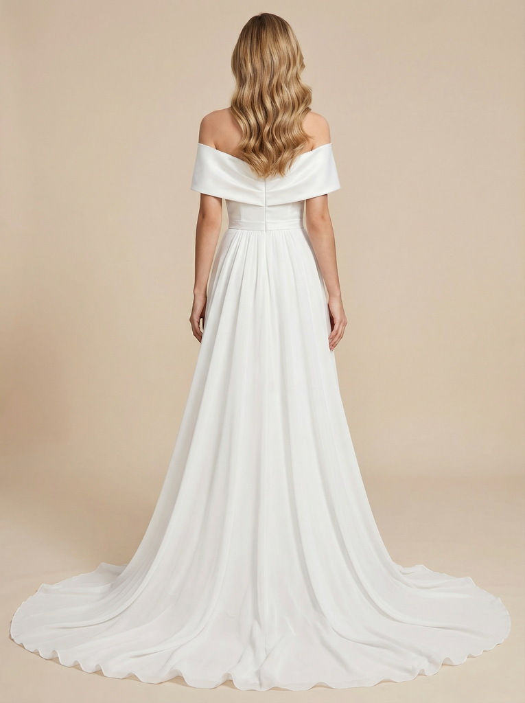 Off Shoulder A-Line Satin Ruched Maxi Long Bridal Gowns With Side Slit